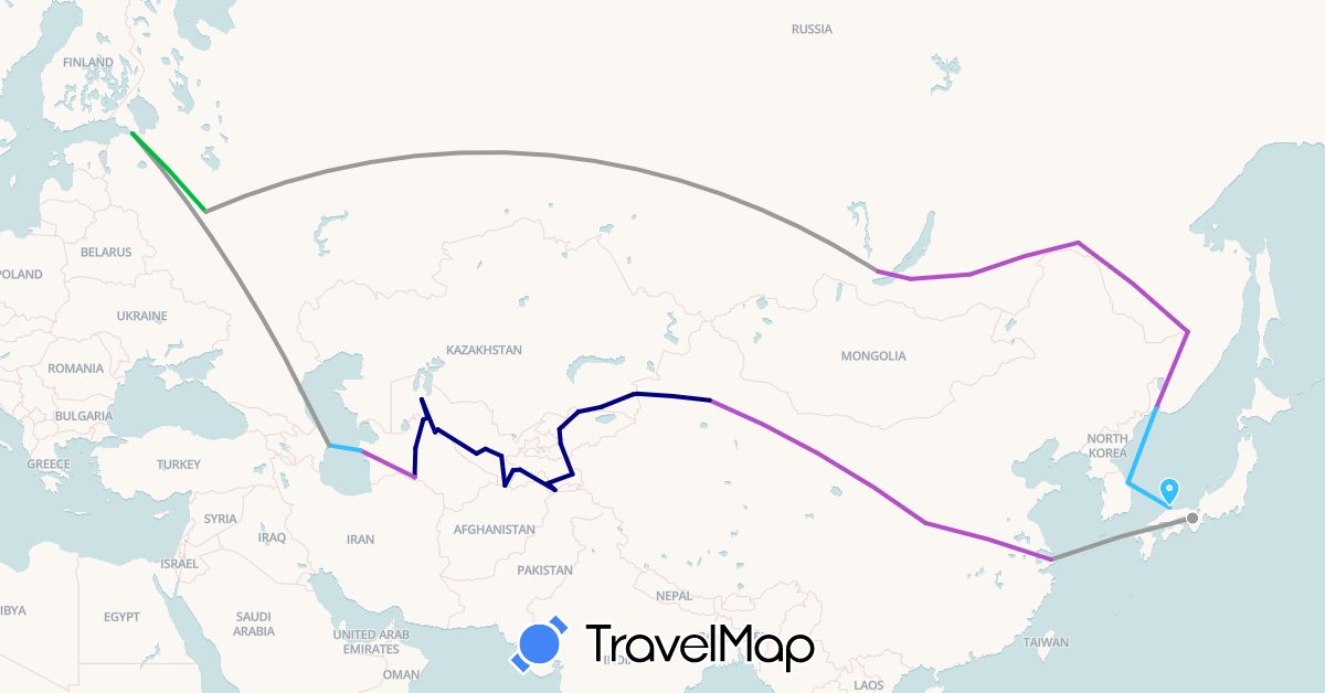 TravelMap itinerary: driving, bus, plane, train, boat in Afghanistan, Azerbaijan, China, Japan, Kyrgyzstan, South Korea, Kazakhstan, Russia, Tajikistan, Turkmenistan, Uzbekistan (Asia, Europe)